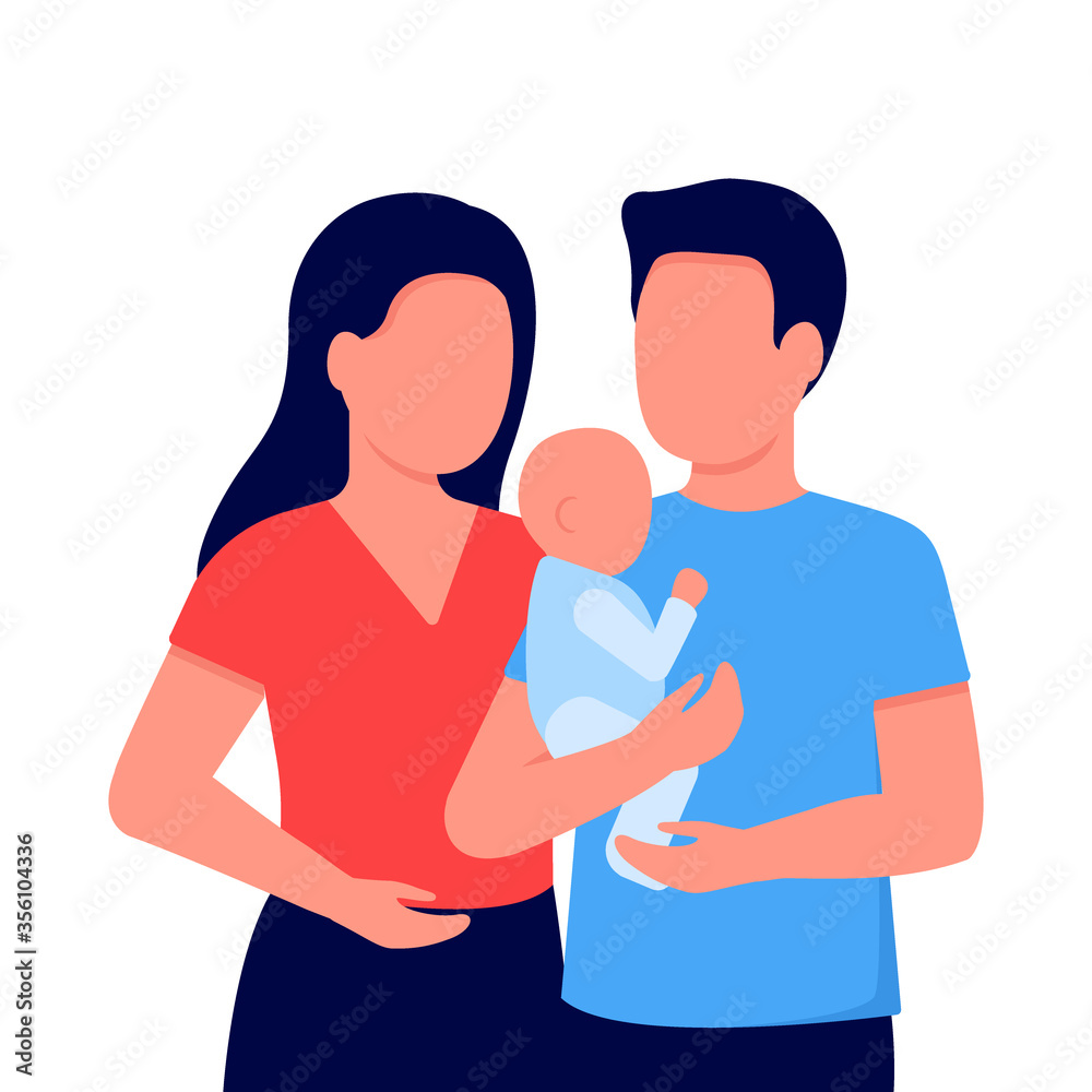 Abstract young mother, father and baby little son. Father holds child in his arms. Family communication together. Vector illustration isolated on white background