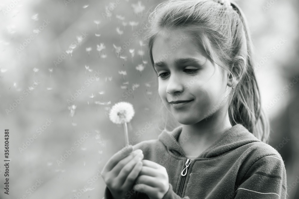 Little beautiful girl holds spring dandelion in her hand. Summer fun, sweet girl dandelion on the meadow, black and white portrait Little beautiful girl holds spring dandelion in her hand. Summer fun, sweet girl dandelion on the meadow, black and white portrait