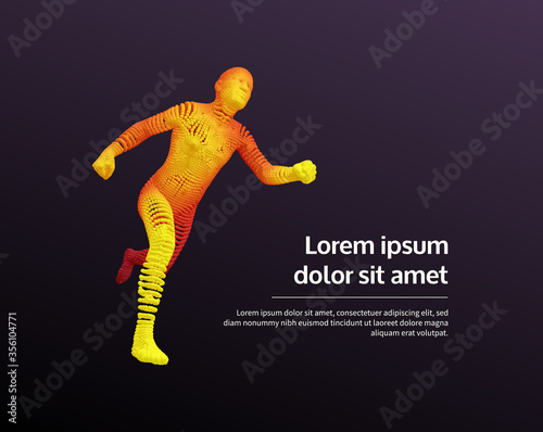 Running man or marathon runner. 3D human body model. Design for sport. Vector illustration composed of particles.