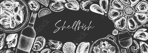 Seafood and wine banner design on a chalkboard. Shellfish frame with mollusks, shrimps, fish sketches. Perfect for recipe, menu, delivery, packaging. 