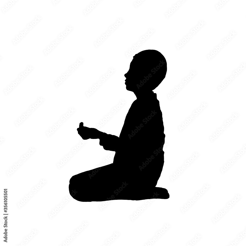 Silhouette schwarzweiß Junge Muslim im Gebet beten, barfuß hinhocken, knien Religion religiös, Gott Tradition Meditation Hingabe Andacht arabic arabisch Erziehung fokussiert konzentriert, Hände 