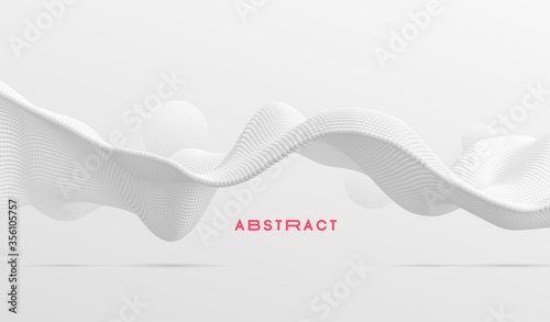 3D wavy background. Array with dynamic emitted particles. A wave formed from many spheres. Abstract vector illustration. Design template. Modern pattern.