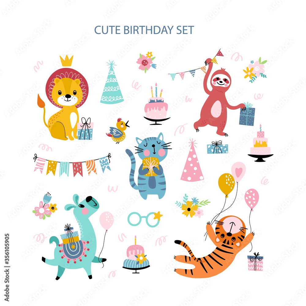 Fototapeta premium Birthday collection with animals