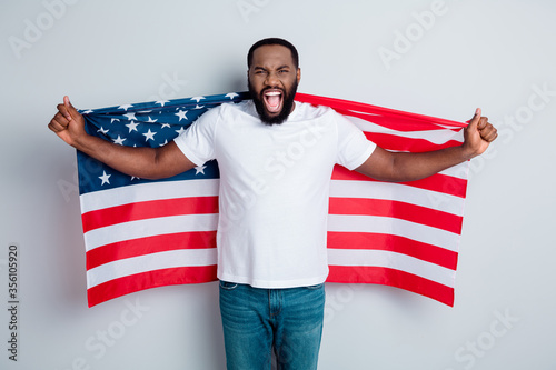 Obraz na plátne Photo of serious unhappy yell dark skin african guy protester raise american nat