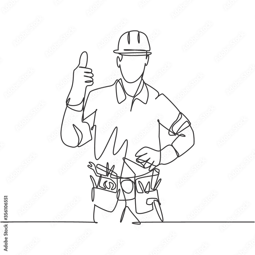 One line drawing of happy handyman wearing helmet and carrying tools gives thumbs up. Home maintenance service excellent concept. Continuous line draw graphic vector design illustration One line drawing of happy handyman wearing helmet and carrying tools gives thumbs up. Home maintenance service excellent concept. Continuous line draw graphic vector design illustration