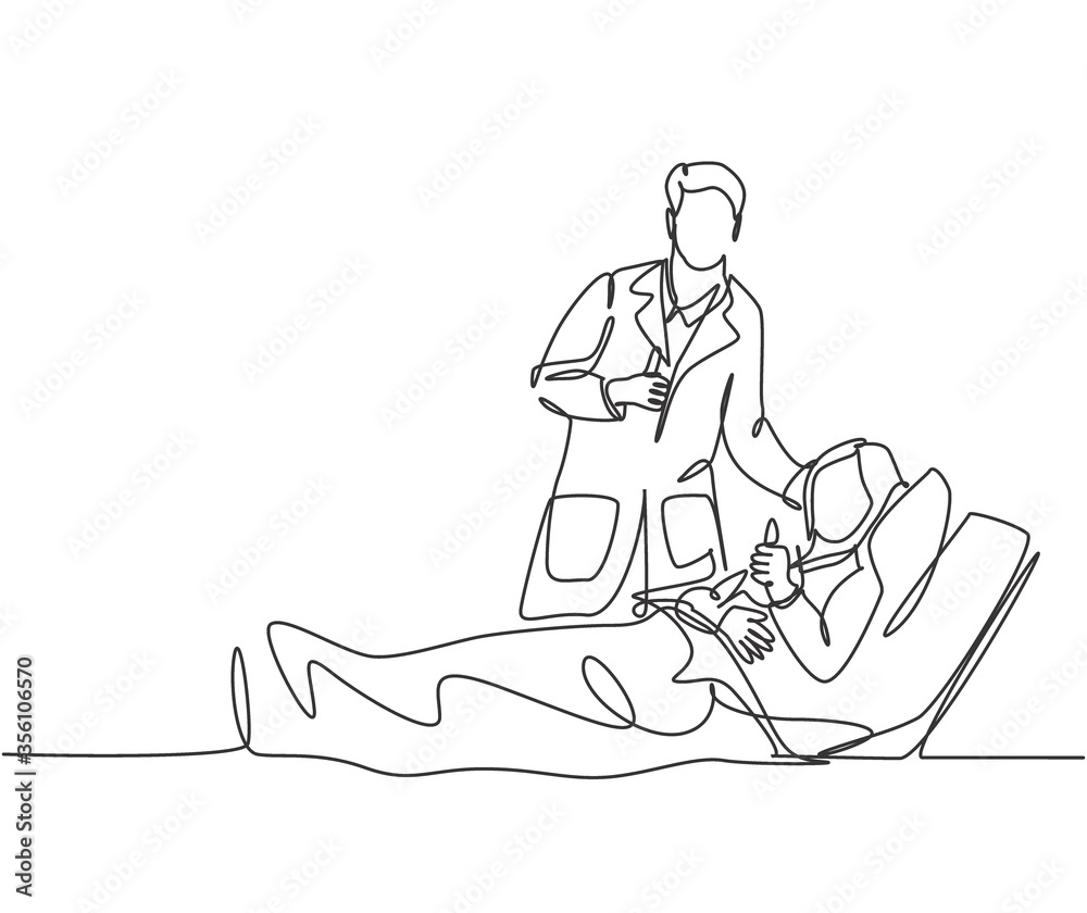 One line drawing of young happy doctor visiting patient who are lying weak on the bed and giving thumbs up gesture. Medical healthcare service concept. Continuous line draw design vector illustration One line drawing of young happy doctor visiting patient who are lying weak on the bed and giving thumbs up gesture. Medical healthcare service concept. Continuous line draw design vector illustration