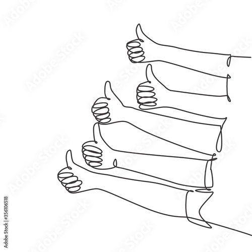 One line drawing of people arm hands with thumbs up gesture. Good service excellence in business sector concept. Continuous line draw design vector graphic illustration