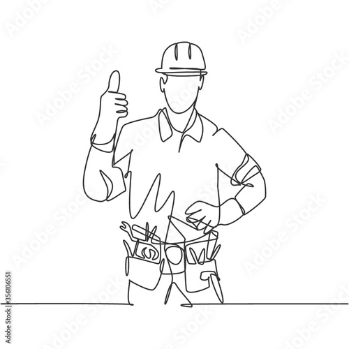 One line drawing of happy handyman wearing helmet and carrying tools gives thumbs up. Home maintenance service excellent concept. Continuous line draw graphic vector design illustration