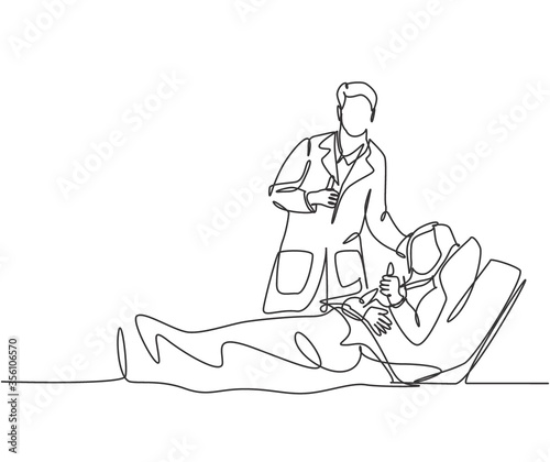 One line drawing of young happy doctor visiting patient who are lying weak on the bed and giving thumbs up gesture. Medical healthcare service concept. Continuous line draw design vector illustration