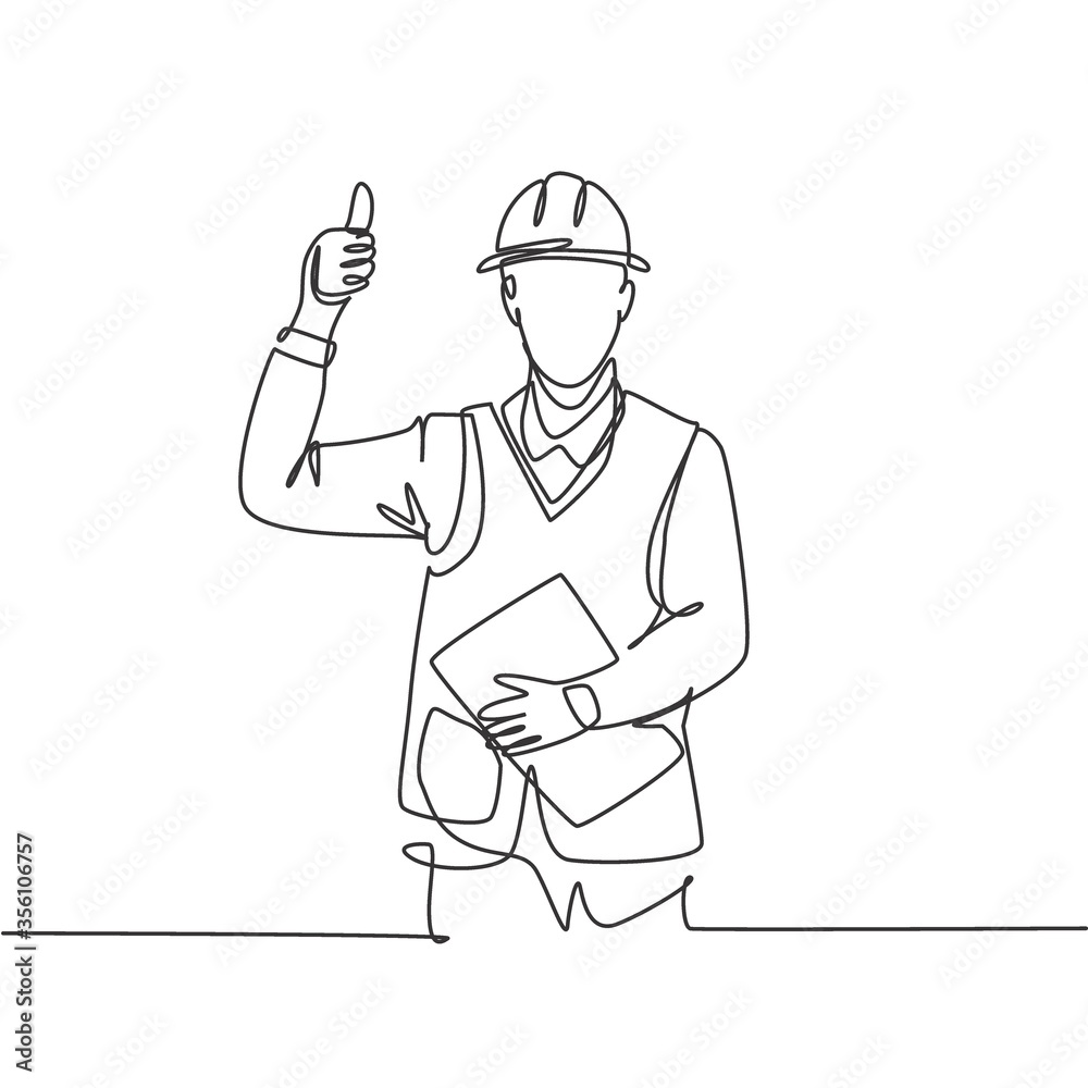 One line drawing of foreman handyman wearing helmet and carrying clipboard giving thumbs up gesture. Home maintenance service concept. Continuous line draw design vector graphic illustration One line drawing of foreman handyman wearing helmet and carrying clipboard giving thumbs up gesture. Home maintenance service concept. Continuous line draw design vector graphic illustration