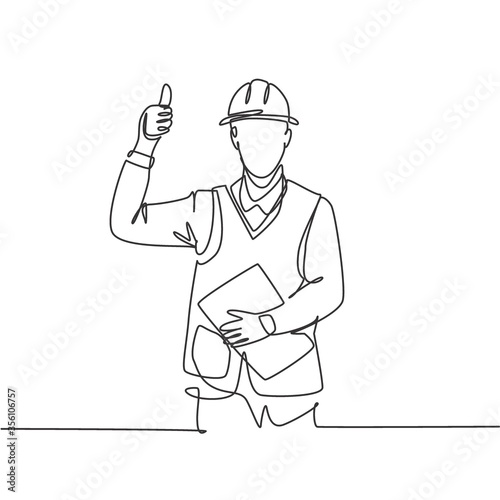 One line drawing of foreman handyman wearing helmet and carrying clipboard giving thumbs up gesture. Home maintenance service concept. Continuous line draw design vector graphic illustration