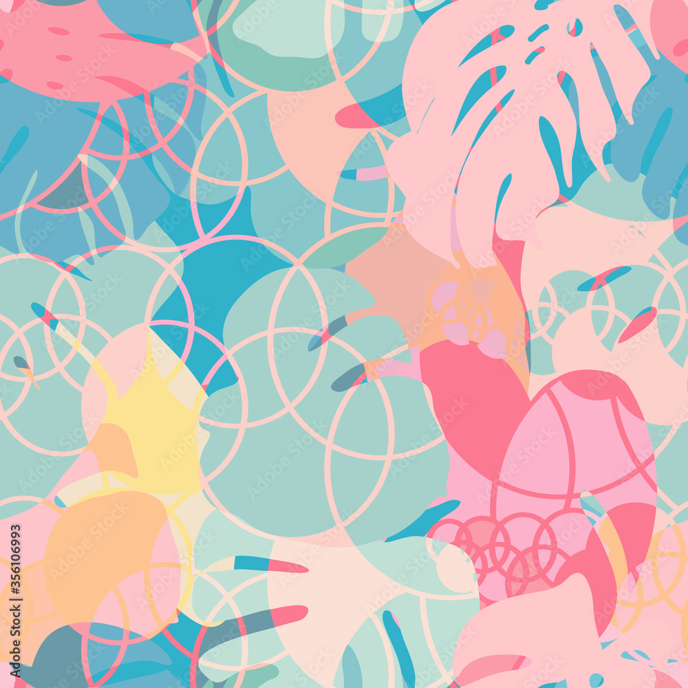 Fototapeta premium Tropical leaves and circles vector seamless pattern. Hand drawn palm leaves and simple geometric background design for textile, web, wallpaper and wrapping paper.