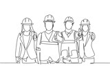 One line drawing of young happy male and female building builder groups wearing helmet giving thumbs up gesture. Great team work concept. Trendy continuous line draw design graphic vector illustration