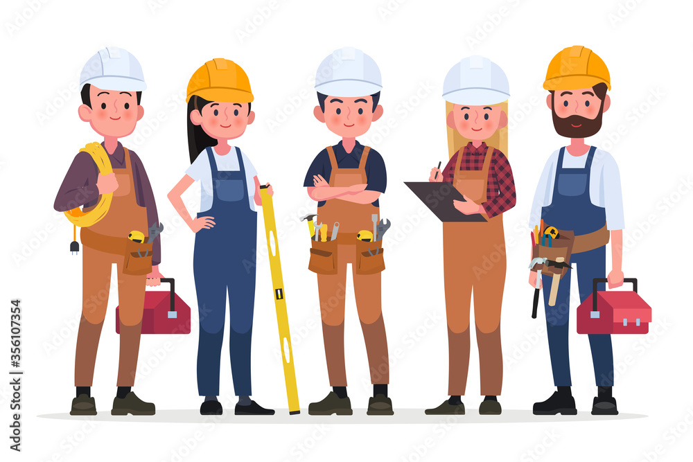 Technicians people group, engineering worker and construction. Industrial engineers workers, builders characters isolated cartoon vector illustration