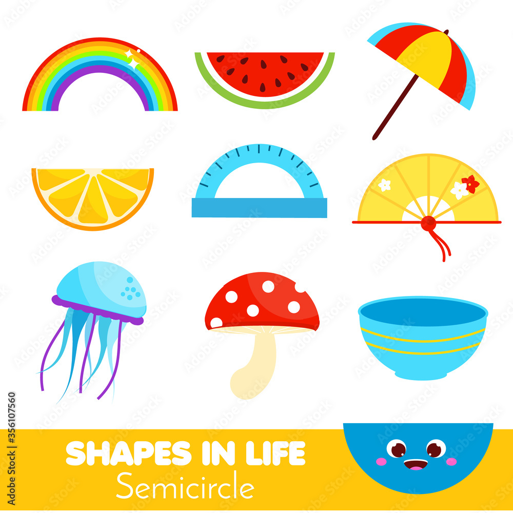 Shapes in life. Semicircle. Learning cards for kids. Educational