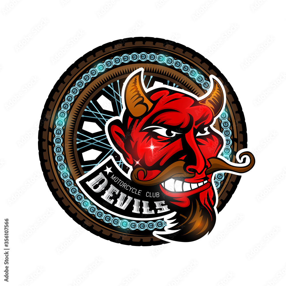 Devil's head in center of motorcycle wheel, color label on white Devil's head in center of motorcycle wheel, color label on white