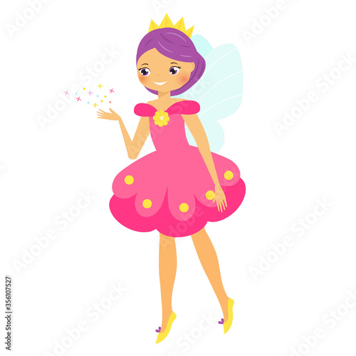 Cute fairy. Cartoon flower fairy princess. Pixie, elf girl with blue hair