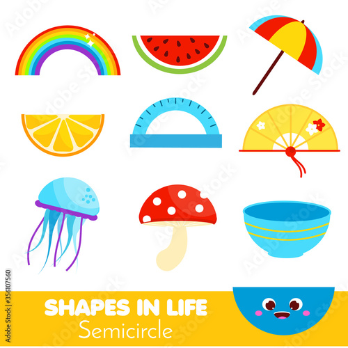 Shapes in life. Semicircle. Learning cards for kids. Educational infographic for children and toddlers. Study geometric shapes