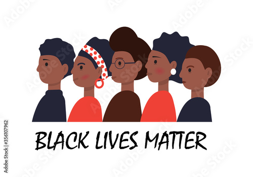 Black Lives Matter concept vector in cartoon style. African Americans are standing one by one. Tolerance to other skin. Stop racism illustration. Protest march for the rights of black citizen. photo