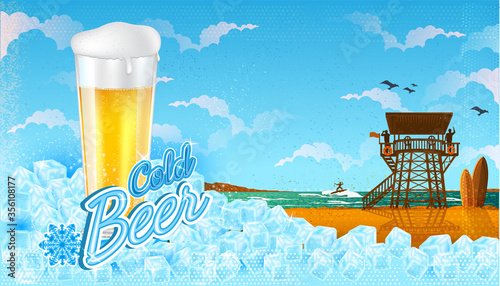 Glass of beer in ice cubes with miami beach landscape with blue sky