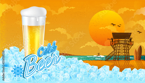 Glass of beer in ice cubes with miami beach landscape