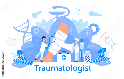 Traumatologist concept vector for landing page, banner. The surgeon puts a cast on the lower leg. Tiny doctors treat rheumatism, osteoarthritis, arthritis. They make x ray scans.