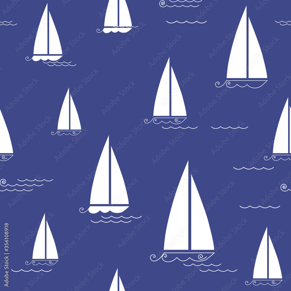 Seamless pattern with stylized white sailboats and sea wave on a blue background. Vector illustration.