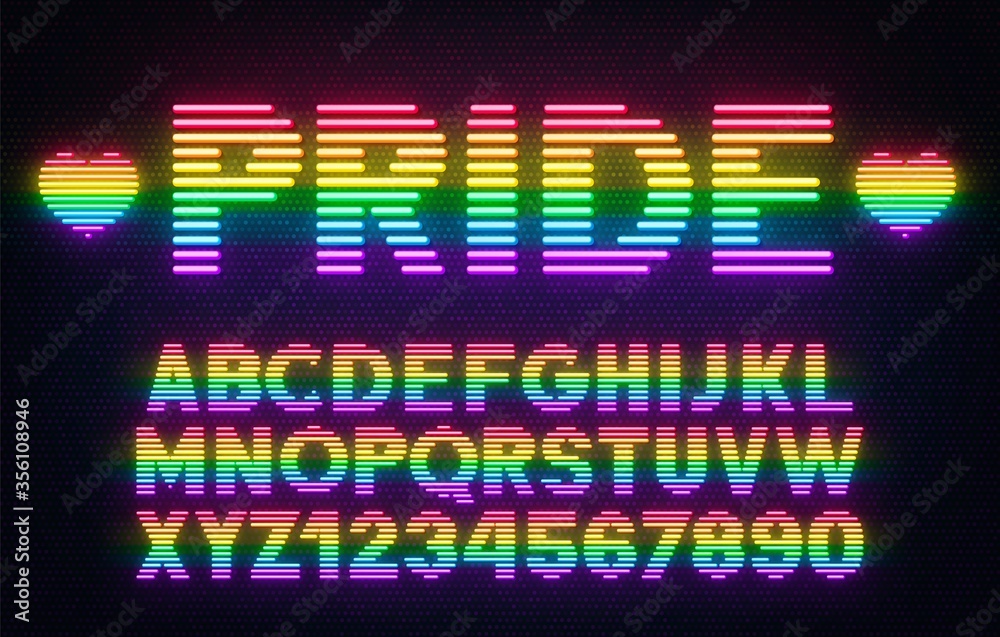 Neon rainbow font on a dark background. Bright glowing alphabet painted in the colors of the LGBT community .