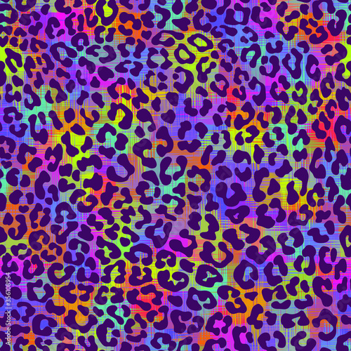 Leopard skin print pattern. Repeating seamless vector animal background. Abstract jaguar texture. Neon rainbow colors. Wallpaper, cloth design, fabric, paper, wrapping, textile design template. 