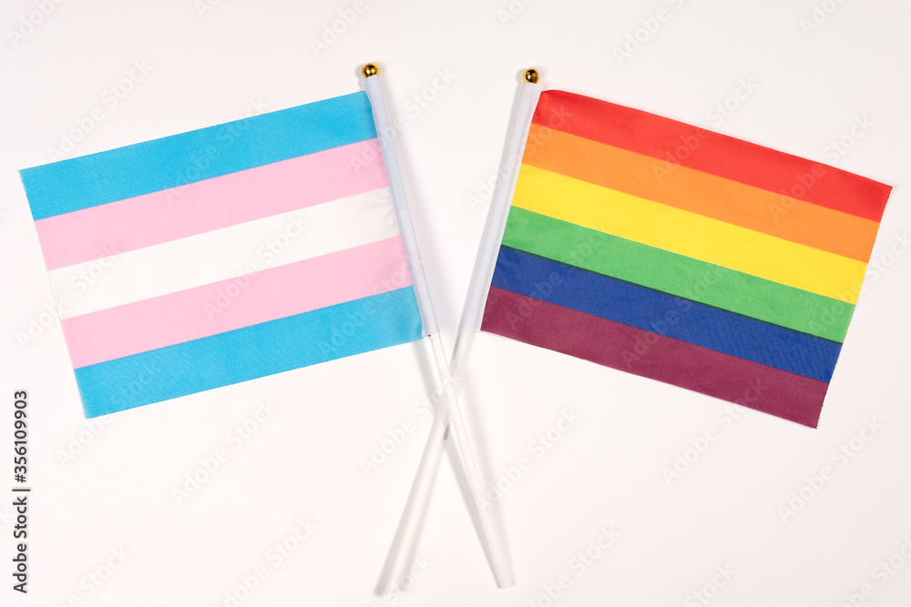 Fototapeta premium Small rainbow lgtb and trans flag over white background