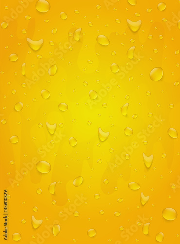 Water drops background. Orange color drink concept. 3d realistic vector illustration poster.