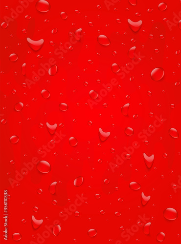 Water drops background. Red color berry flavor drink beverage concept. 3d realistic vector illustration poster.