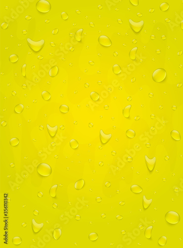 Water drops background. Rainfall over colorful glass surface. Yellow color  drink beverage concept. 3d realistic vector illustration poster.