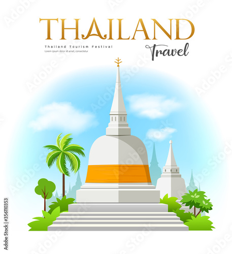 Welcome to White pagoda with fabric yellow, Wat Phra Mahathat Woramahawihan, Southern of thailand, design background, vector illustration