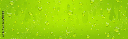 Water drops banner background. Rainfall over colorful glass surface. Green color drink beverage concept. 3d realistic vector illustration.