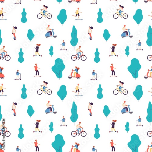 People ride. Men and women on bicycles, scooters and skateboard, gyroscooter background. Outdoor activity vector seamless pattern. Transportation activity, bike sport and biking outdoor illustration