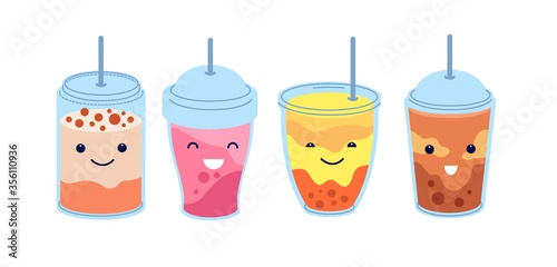 Boba tea. Healthy refresh bubble milk drink. Trendy cold asian juice, cute cartoon milkshake. Isolated various smoothie vector illustration. Boba healthy drink, sweet beverage, ice tea with bubble