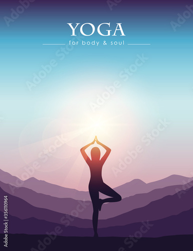 girl makes yoga on mountain landscape at beautiful sunset vector illustration EPS10