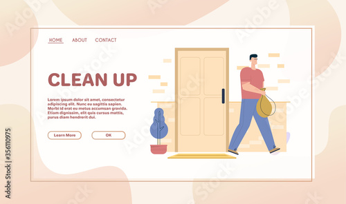 Man holds bag of garbage, throws out trash after cleaning at home