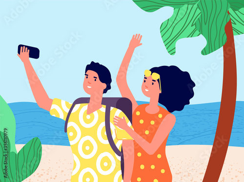 Travel selfie. Enjoying traveling, man woman with cellphone. Happy young couple take mobile photo. Beach summer holidays vector illustration. Woman and man couple, people girlfriend or boyfriend