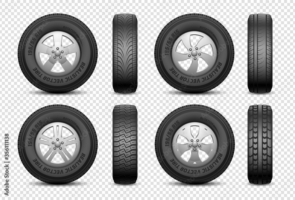 Realistic tires. Isolated car rubber wheel. Vehicle service, truck wheels repair. Front and side view tire vector set. Illustration automotive service, auto tire and disk metal Realistic tires. Isolated car rubber wheel. Vehicle service, truck wheels repair. Front and side view tire vector set. Illustration automotive service, auto tire and disk metal