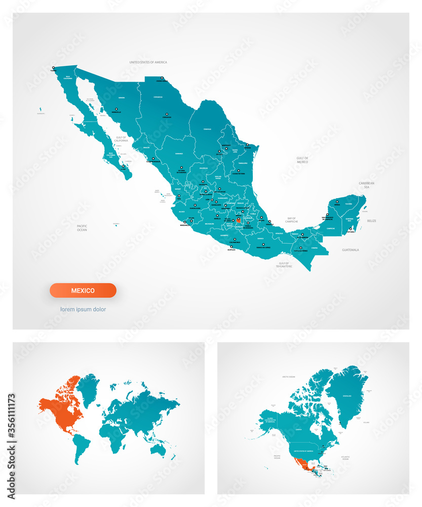 Editable template of map of Mexico with marks. Mexico on world map and on North America map.