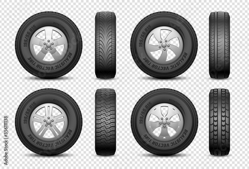 Realistic tires. Isolated car rubber wheel. Vehicle service, truck wheels repair. Front and side view tire vector set. Illustration automotive service, auto tire and disk metal