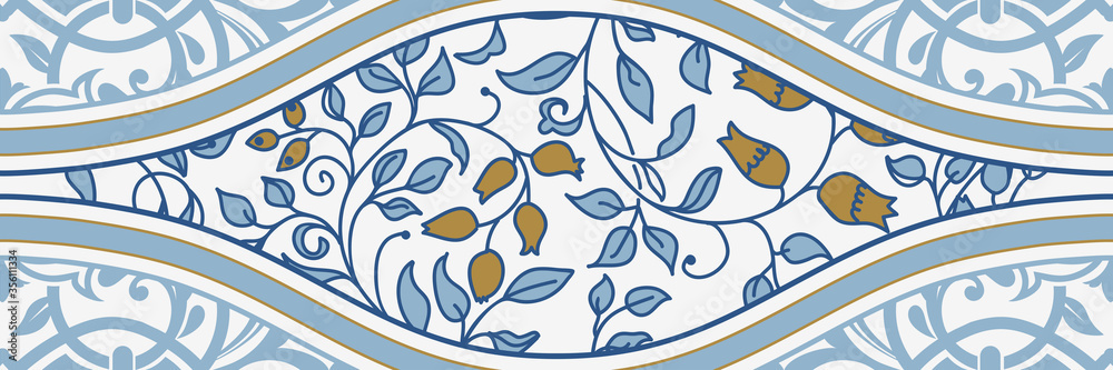 Majolica pottery tile, blue and white azulejo, original traditional Portuguese and Spain decor. Seamless patchwork tile with Victorian motives. Vector illustration