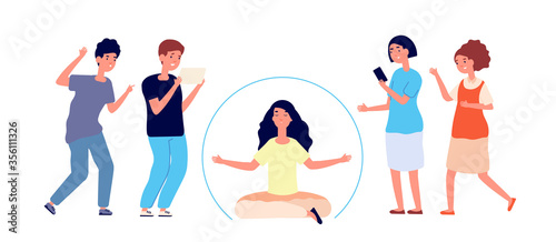Unsocial people. Young isolation person, social separation from group. Comfort in solitude, introvert woman inside bubble vector concept. Illustration person alone in bubble transparent