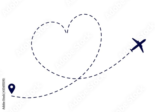 Heart plane route. Love plane path. Airplane flying destination. Lovely romantic traveling honeymoon. Dotted flight way vector illustration. Travel romantic aviation, flight line dotted
