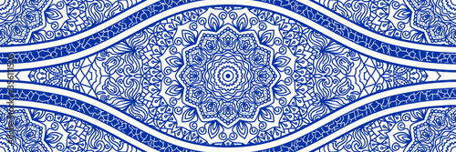 Majolica pottery tile, blue and white azulejo, original traditional Portuguese and Spain decor. Seamless border with Victorian motives. Vector illustration.