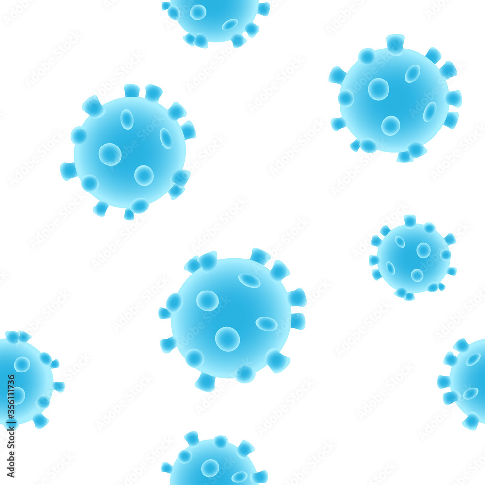 Coronavirus seamless pattern. Repetitive light blue vector illustration on transparent background. Concept of coronavirus, pandemic, healthcare, infection, microbiology.