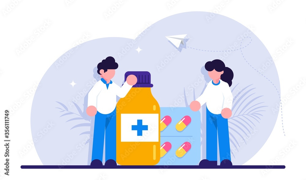 Drugstore and pharmacist concept. Collection of pharmacy drug in bottle and box. Medication concept. Medicine pill for disease treatment. Modern flat illustration.