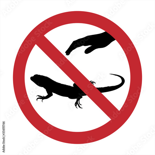 Vector silhouette of do not touch lizard mark on white background. Symbol of prohibition.